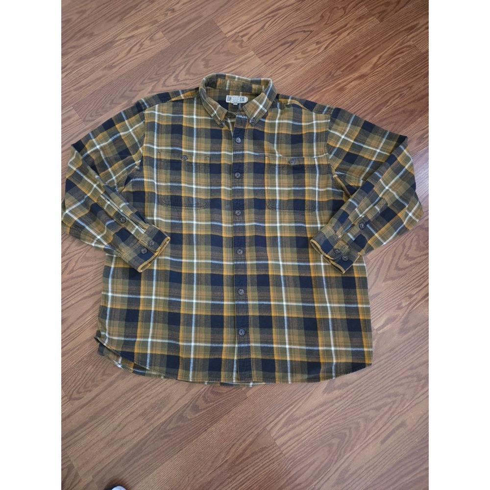 Duluth Trading Co Mens 2XL Relaxed Fit Flannel Shirt Plaid Yellow Navy Cotton